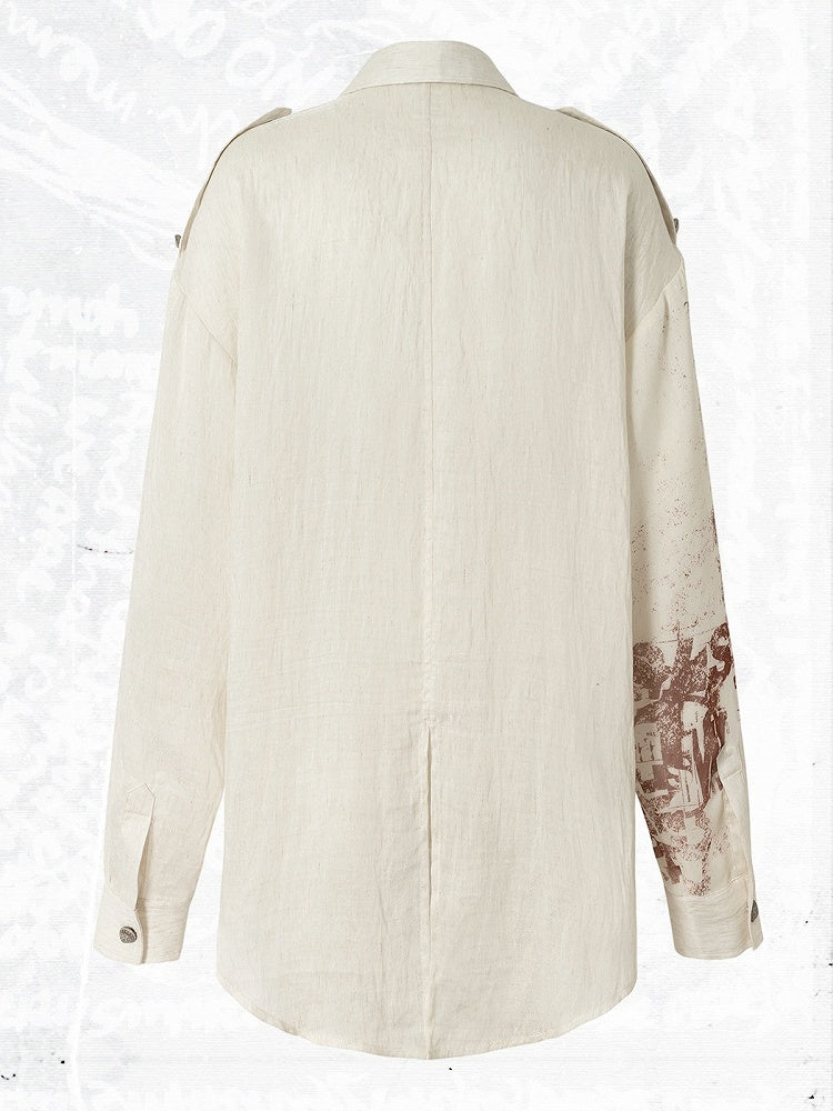 Apricot Distressed Graffiti Print Loose Long Sleeve Shirt, Punk Style - NO ROMANCE