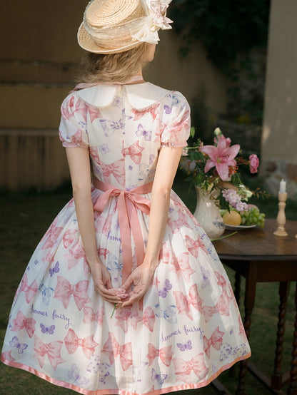 Pink Bowknot Peter Pan Collar Lolita Dress Bows and Butterfly Print One Piece