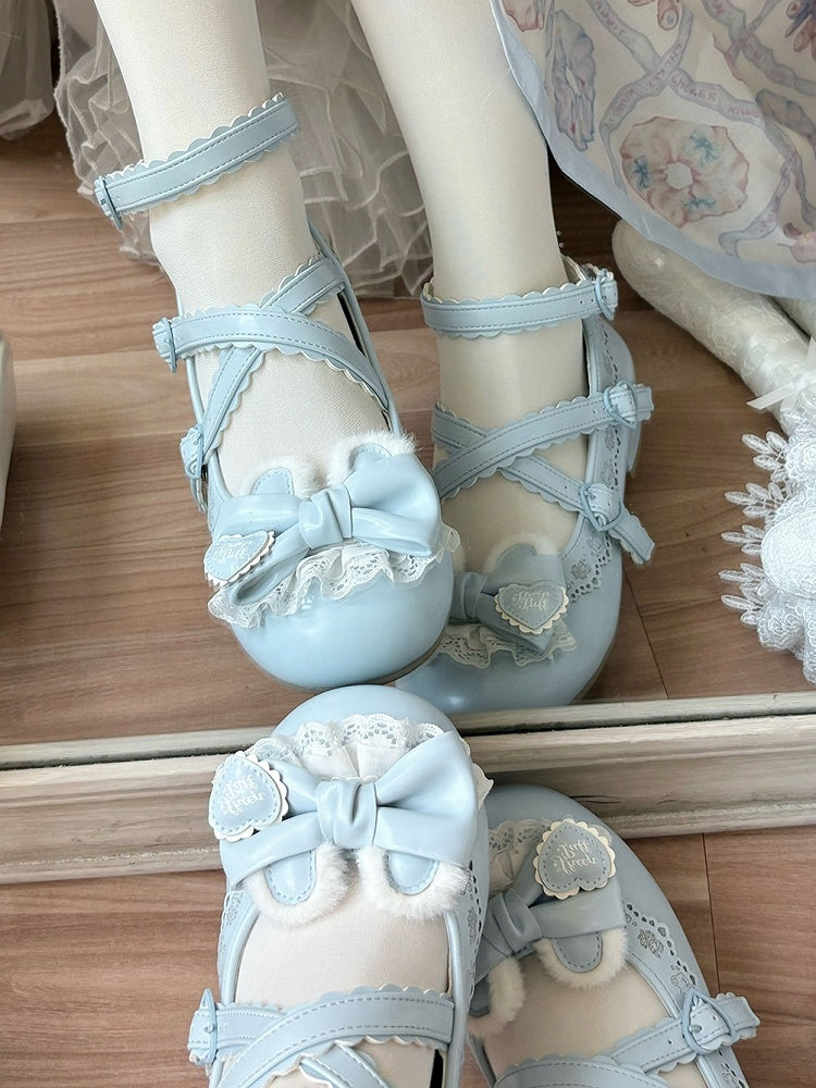 Mary Blue Bow Janes Lolita Decorative Low-heel Hem Scalloped Bear Sweet Ear in Plush PU