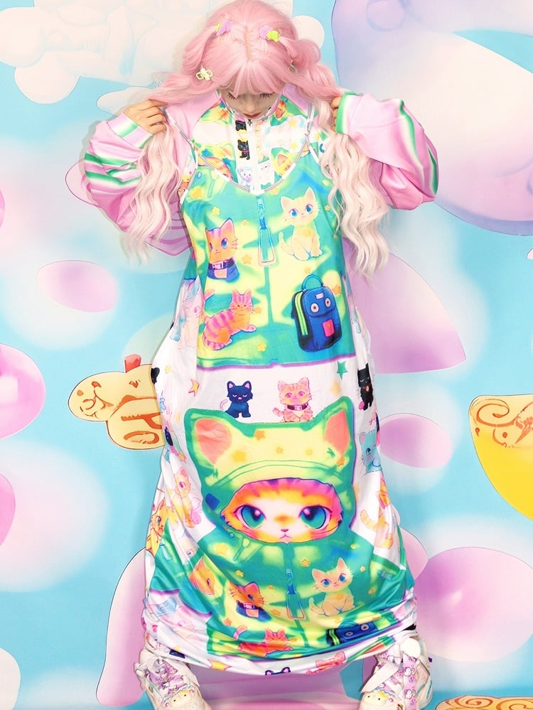 Y2K Print Cat Cami Colorful Dress
