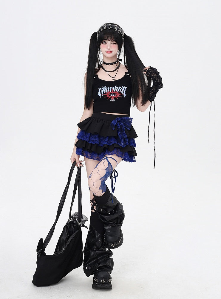 Contrast Blue Lace Trim Black Elastic Tiered Skirt Y2K Waist