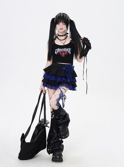 Contrast Blue Lace Trim Black Elastic Tiered Skirt Y2K Waist