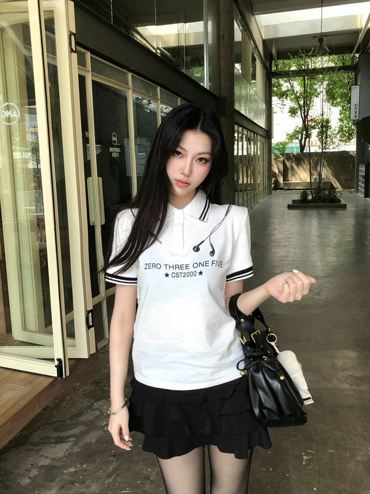 White Striped Polo Shirt with Headphone and Letter Print - DETW OnLine