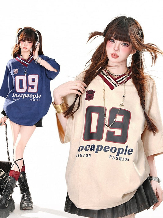 Loose T-Shirt Print Sports Khaki/Navy Blue Preppy Style V-Neck Number