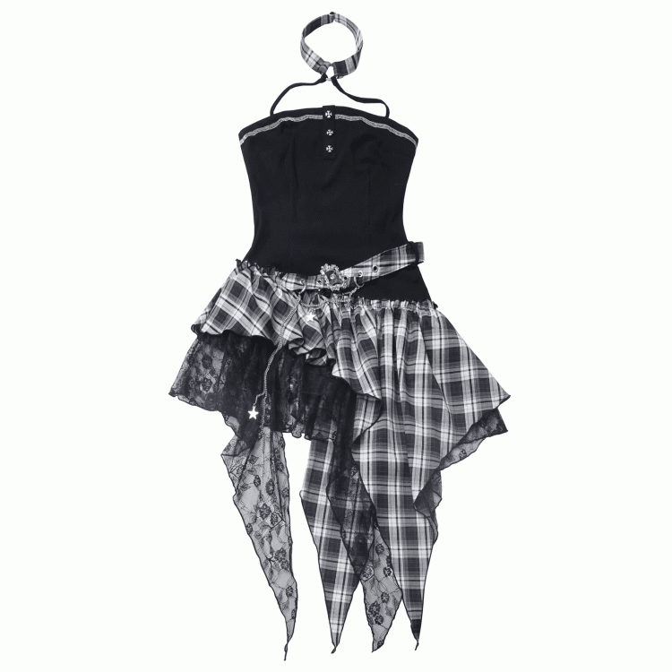Rock Red/Black  White Plaid Mesh Strapless Dress Patches Handkerchief Hem Punk