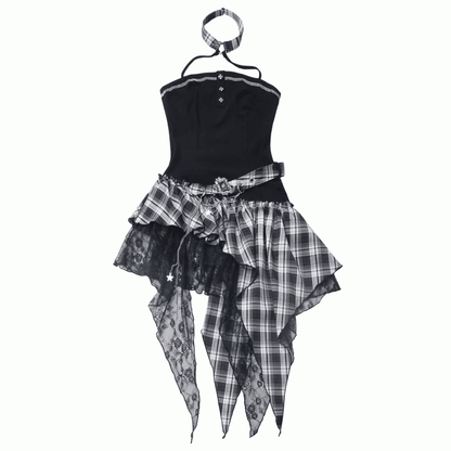 Rock Red/Black  White Plaid Mesh Strapless Dress Patches Handkerchief Hem Punk