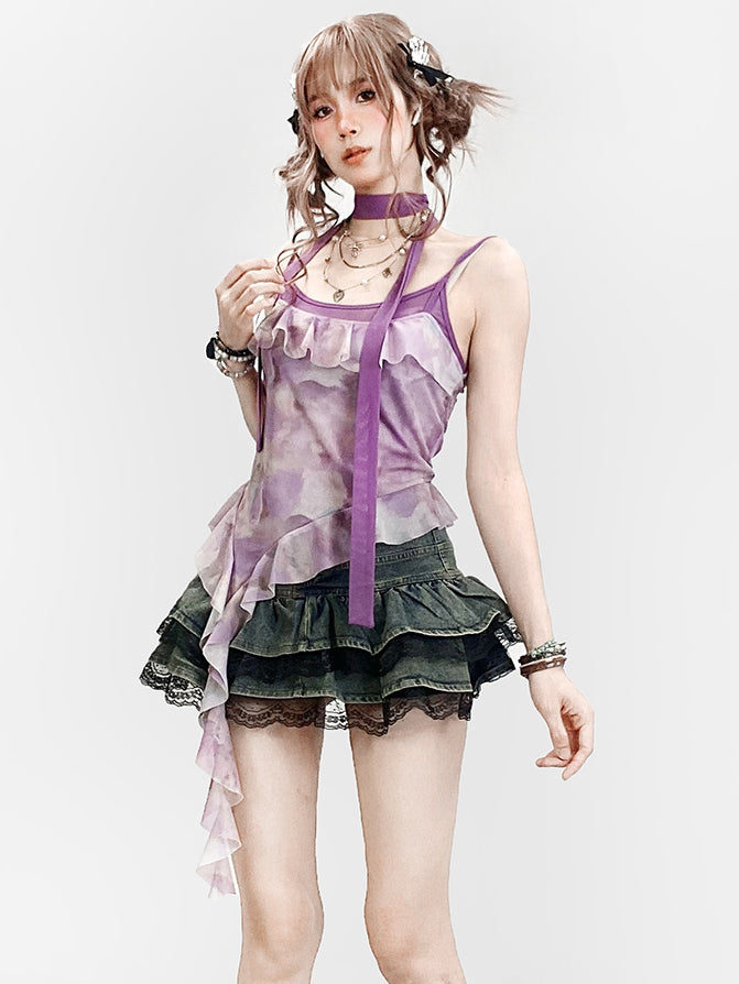Lila Saum Asymmetrische Rüschen Top Design Dye + Tie Cami Schal Y2K Trim