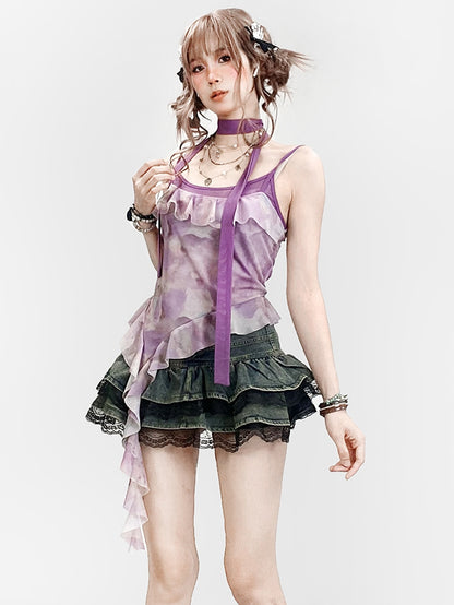 Lila Saum Asymmetrische Rüschen Top Design Dye + Tie Cami Schal Y2K Trim