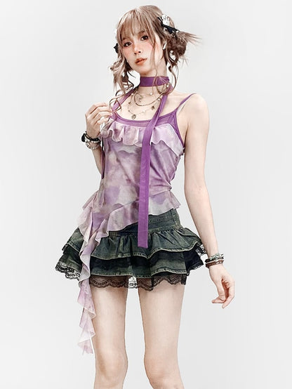 スカートトリム ビタースイート レース デニム ブルー ティアード