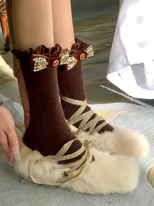 Dark Socks Decoration Bowknot Brown Calf with Rhinestone Plush