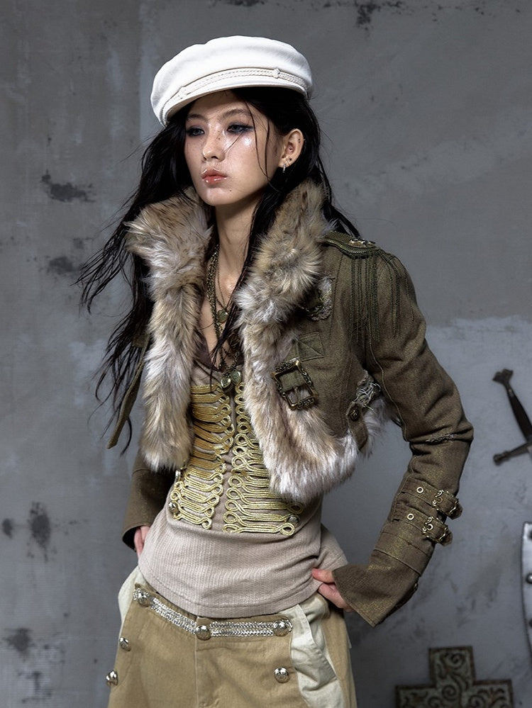 Buckle Punk Denim with Fur Crop Street Green Straps Faux Vintage Collar Jacket