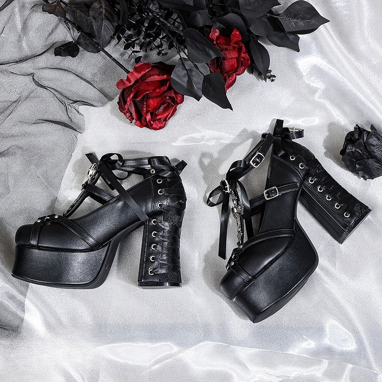 Lace-Up - Platform Heart Detachable Back with Rhinestone Black at Gothic Janes Charm Cross Bow Mary