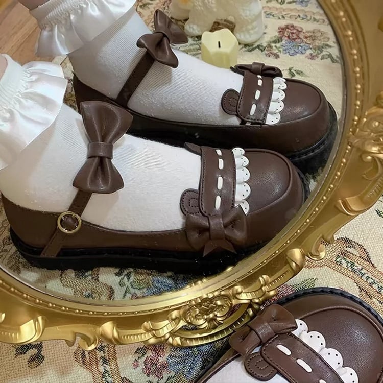 Delicate Flat and Bear Details Mary Bow Brown Sole Janes for Dark Ears 2.8cm with Lolita Fashion