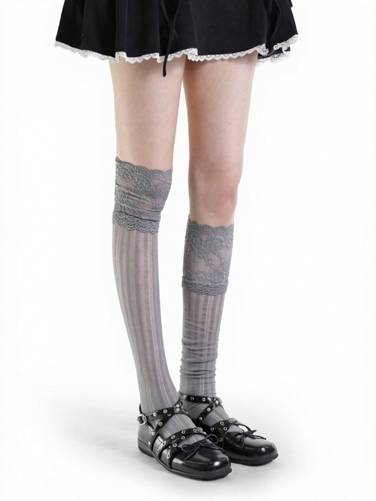 4-Color Lace Trim Calf Socks with Stripe Pattern - ModaSwings