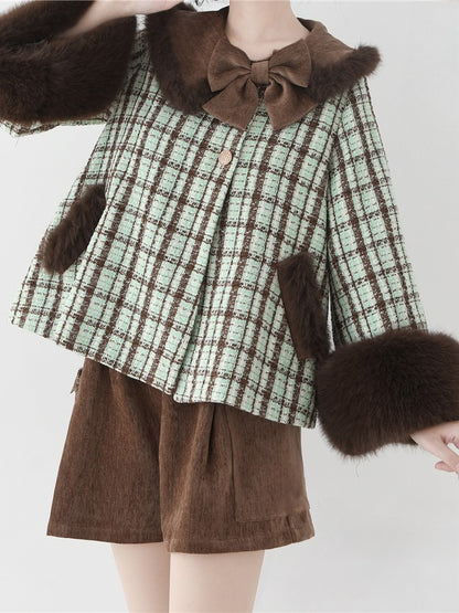 Plush Faux Coat Cropped Fur Cuffs Mint Green Tweed Chocolate with Lolita
