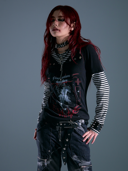 Pattern Black - Long Striped Rock Sleeve Punk Two-piece Top