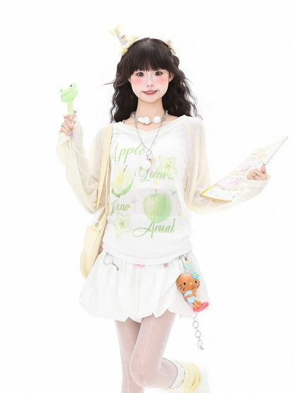 Top Loose-Fit for Apple Fall and - Sleeve Green/Yellow Print Semi-Sheer with Summer Long Breathable