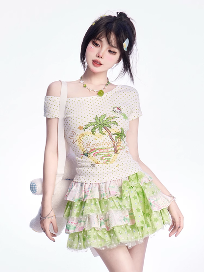 Y2K Grüner Stufenrock mit großer Schleife und elastischer Taille