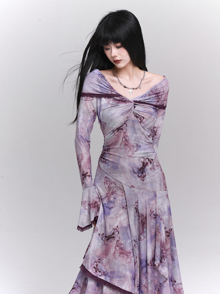 Purple/Dark Gray/Apricot Off-the-Shoulder Butterfly Print Twist Detail Dress