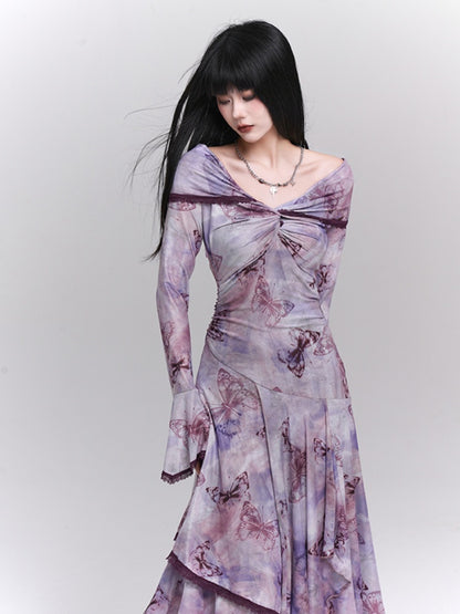 Purple/Dark Gray/Apricot Off-the-Shoulder Butterfly Print Twist Detail Dress