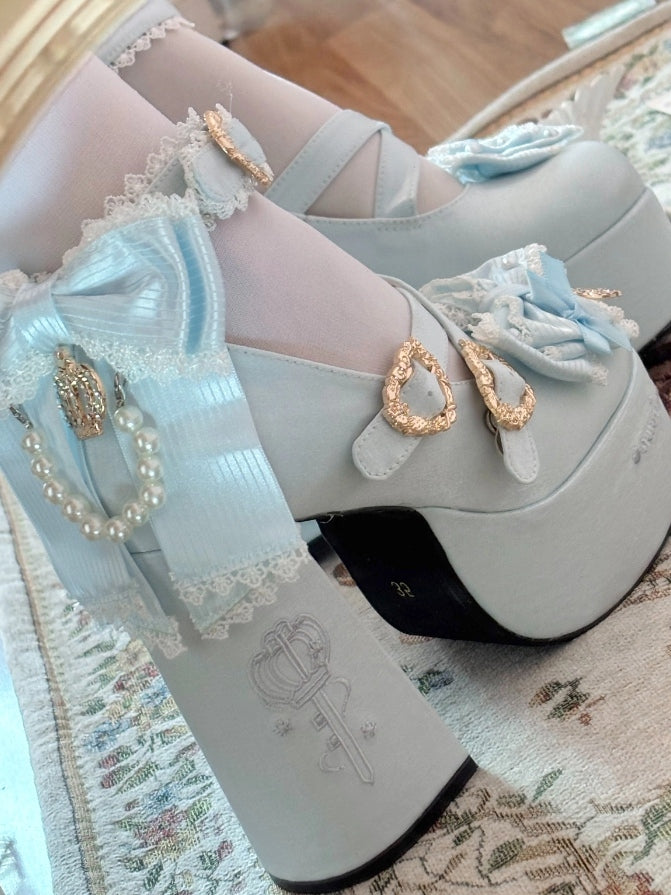 Platform Lolita Janes Satin Blue Crown Block Heel Details - High Sweet Mary