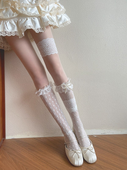 Semi-sheer White Socks/Lace Loop Stockings/Floral Bowknot Lace Leg Trims Tights/Beaded Stockings/Tulle Underknee Pattern