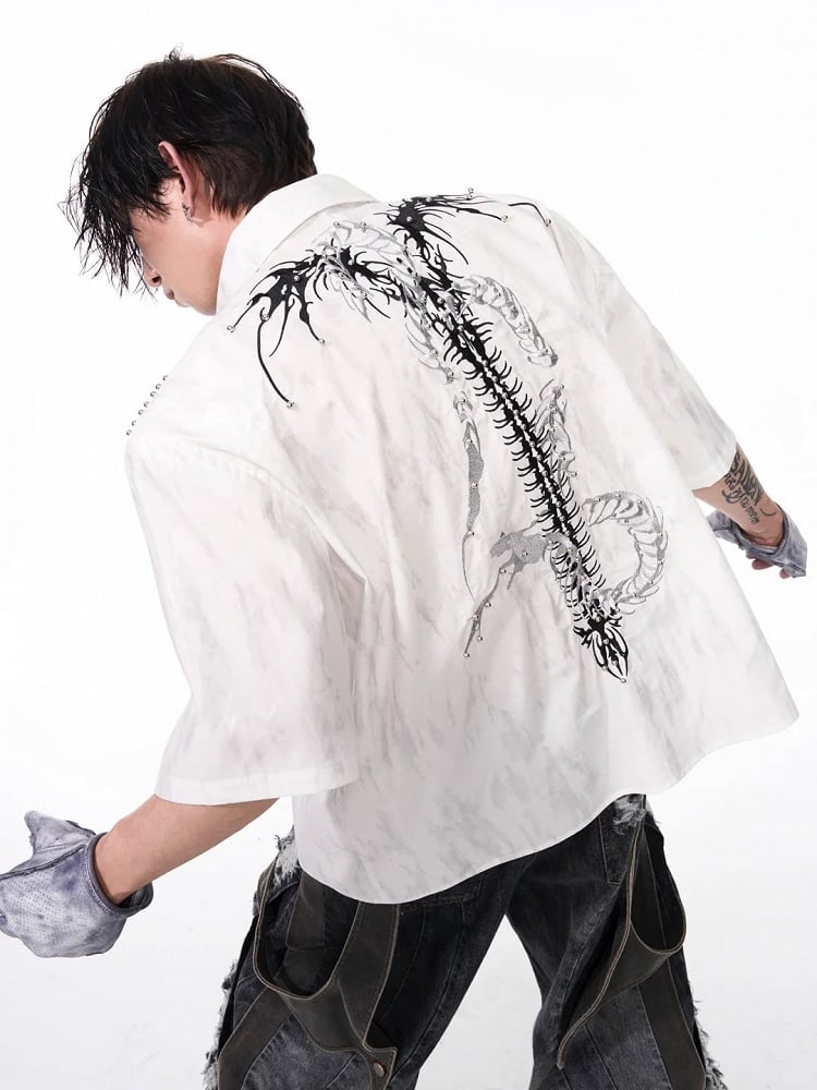 Shirt Detail Short-sleeved with Embroidery Unisex Snake White Bone Stud