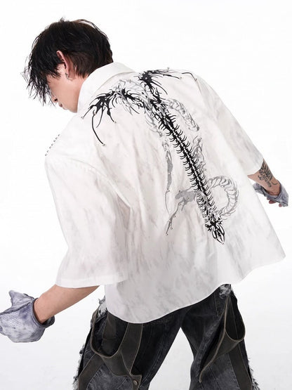 Shirt Detail Short-sleeved with Embroidery Unisex Snake White Bone Stud