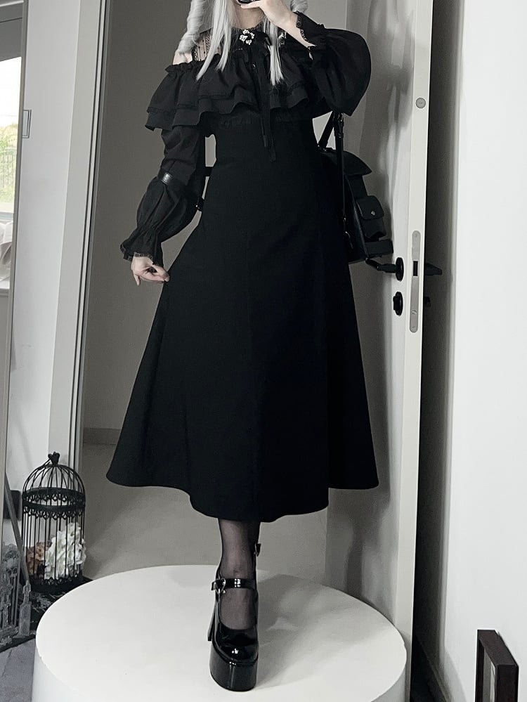 Off-Shoulder Illusion Elegancewith Black Ruffles Ladylike Dress:Dark Kei Tiered Jirai