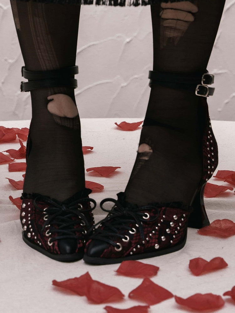 Studded Details Pointed - Cross Lacing Toe High Heels Accents with Gothic Red