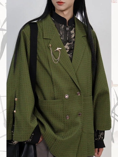 Blazer Front Slit Cuff Green Style Unisex Notched with Design Collar - Chinese Double-Breasted