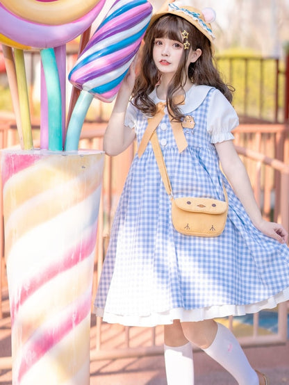 Blue Little Chicken Peter Pan Collar Plaid Short Puff Sleeves Dress