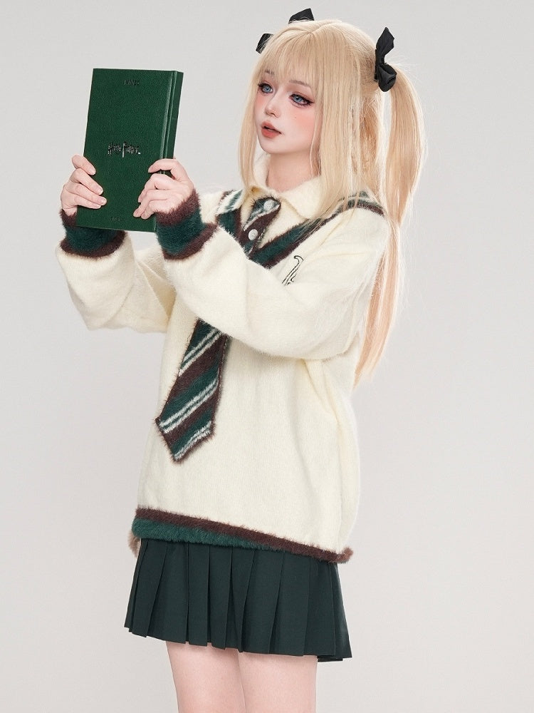 グレー/ホワイトのポロカラー プレッピースタイル セーター（ニットタイ付き）