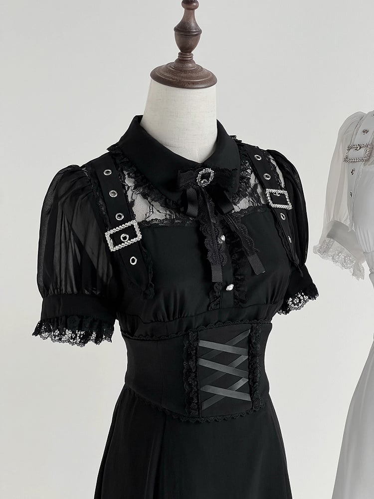 Illusion Schwarzes Ausschnittkleid Kostenloses Korsett Jirai Schnalle mit Gürtel verziert Kei Long