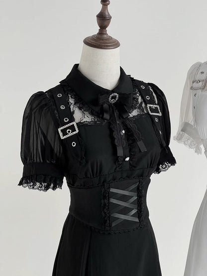 Illusion Schwarzes Ausschnittkleid Kostenloses Korsett Jirai Schnalle mit Gürtel verziert Kei Long