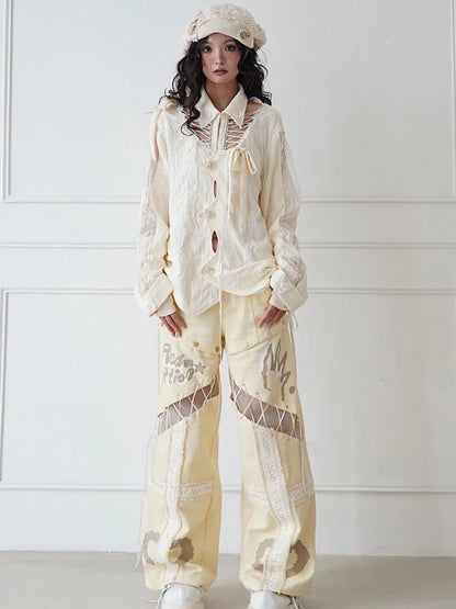 Beige Jeans mit Schnürung und geradem Bein, abnehmbares Detail