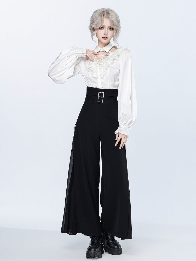 Black High Waist Flowing Pleated Chiffon Wide-leg Pants - DevilInspired Exclusive Collection