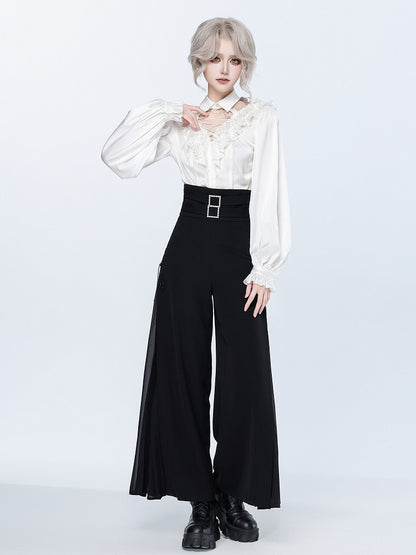 Black High Waist Flowing Pleated Chiffon Wide-leg Pants - DevilInspired Exclusive Collection