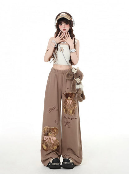 Kaffee/Graue Plüschhose mit Teddybär-Applikation und geradem Bein