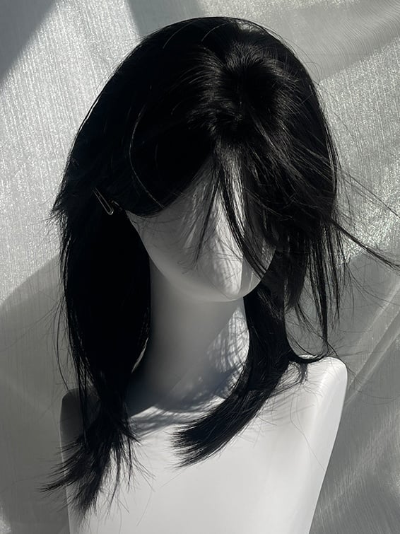 Black Above Bust Length Straight Synthetic Wig With Curtain Bangs