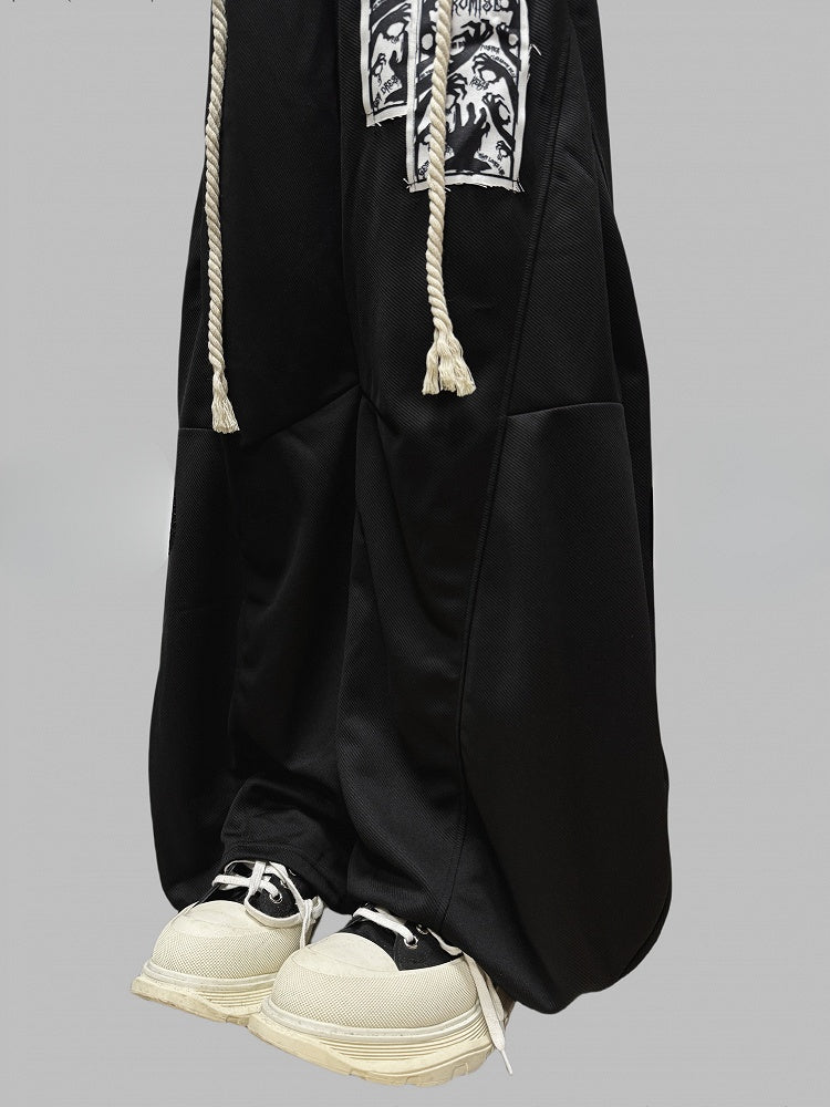 Accessory Applique Wide-leg Strap Pants Black Cut with Hand Y2K