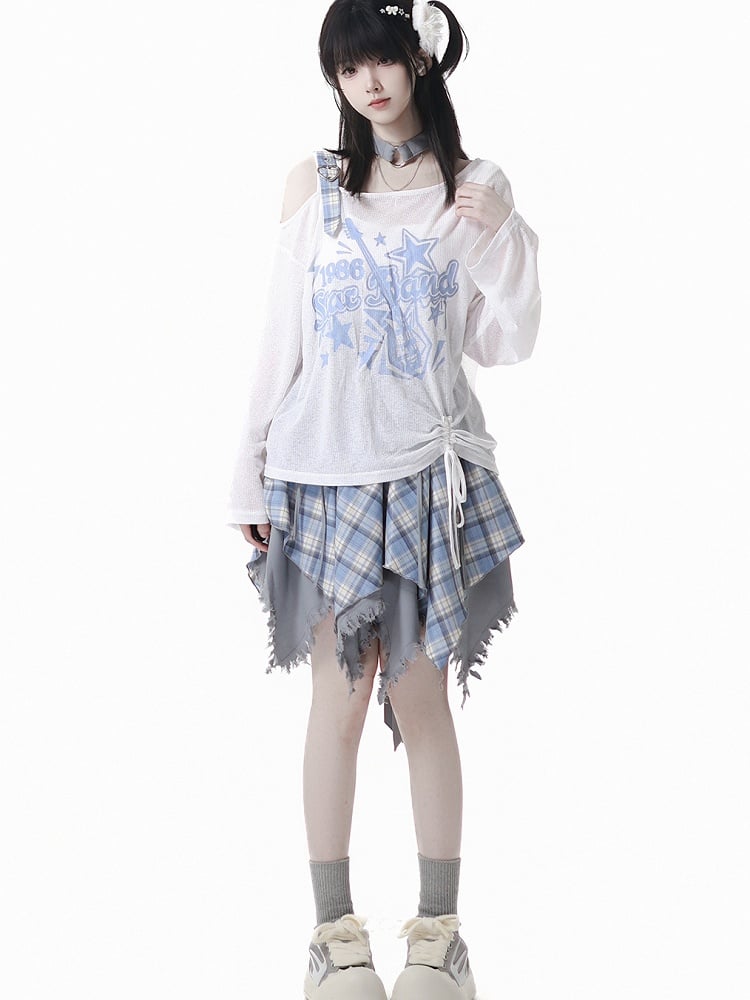 Blue/Black Free with Choker Guitar Print Asymmetrical Neckline Coverup