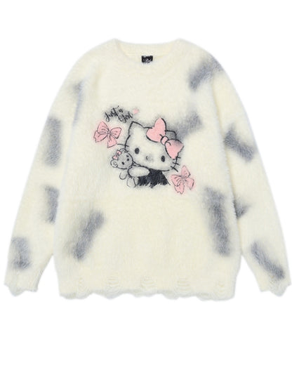 ミルクホワイトキティグラフィックディストレストリムルーズセーター