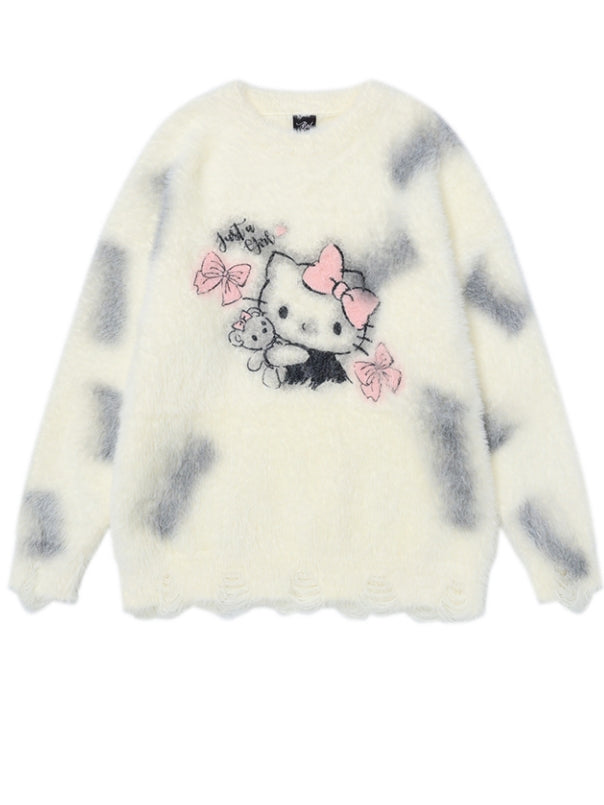 Pull ample à motif chat blanc laiteux et bordure vieillie