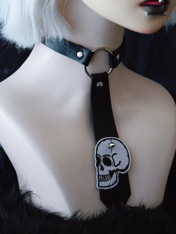 Applique Black Choker Studs PU Tie Skeleton Decorated Gothic