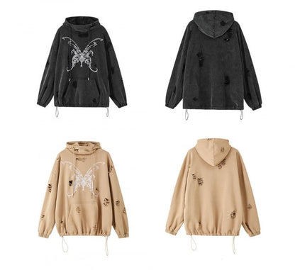 バタフライ ブラック ディストレスト ホールズ パンク パーカー
