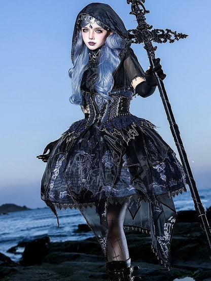 Black & Blue Bone Dragon Embroidery Halter Neck Gothic Lolita Dress Set - Ying Luo Fu