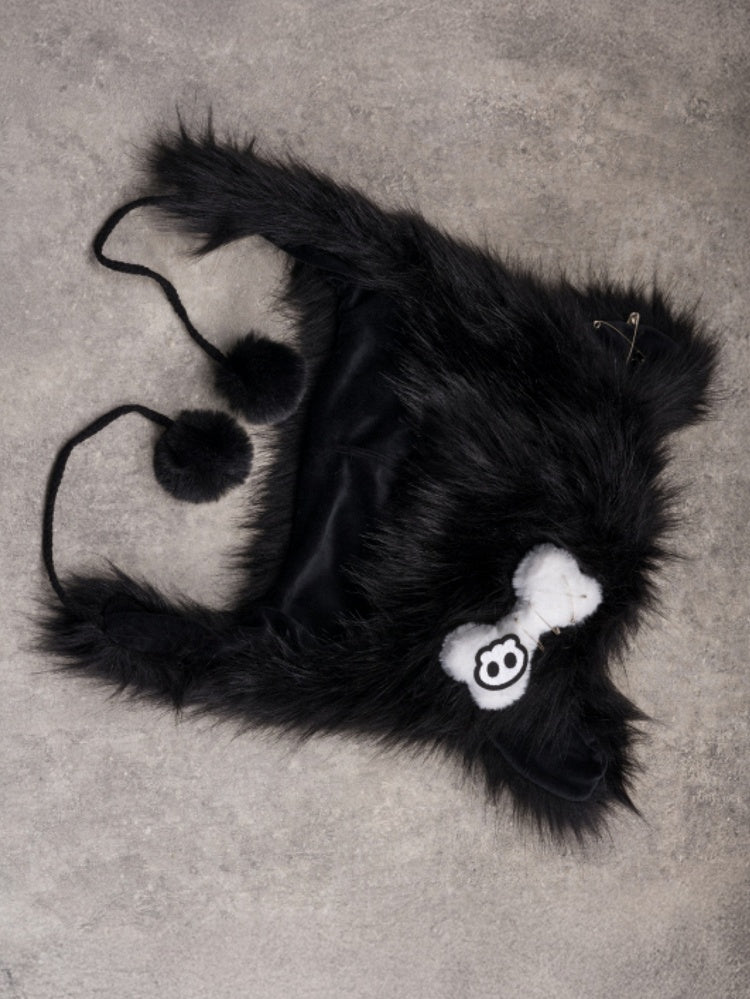 Katzennadel mit Gothic-Charms, Knochen-Pompon, Plüsch, verzierte Ohr-Applikation, Skeletthut, Schwarz