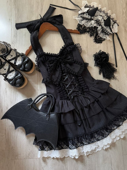 Dress Lace Black Hem - Plaid Dark Multi-Layer Neck Halter Doll Front and Lace-Up