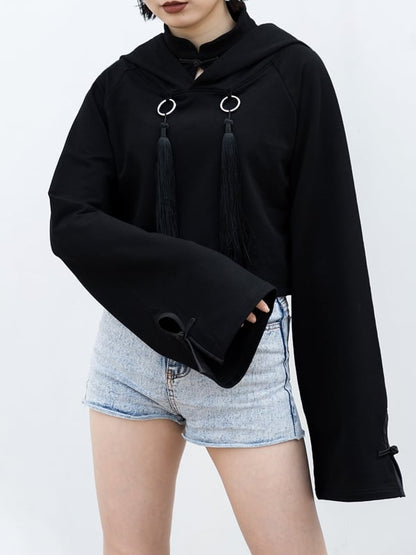Front Baggy Long Cheongsam Hoodie Detail Crop Style and Sleeves Goth with Fringe Black